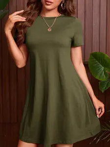 High-Height Military Solid Color Short T-Shirt Dress, Casual Comfortable Summer Wear, Women's Fashion Clothing