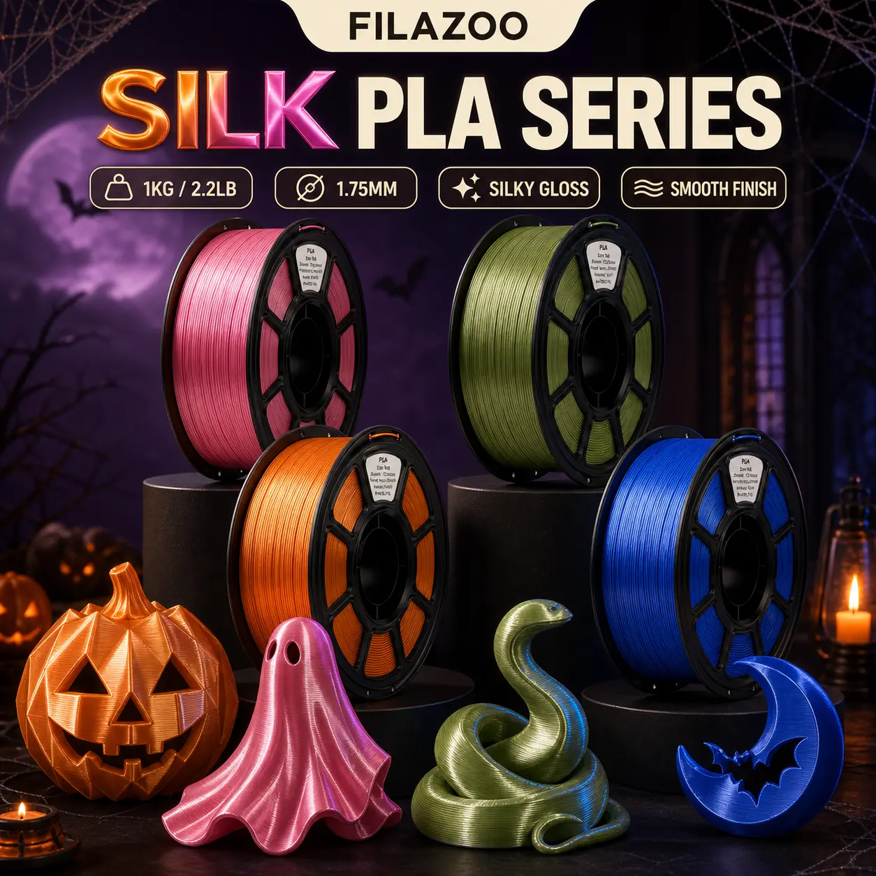 FILAZOO Silk PLA Filament - Metallic, Soft Candy, 1.75mm, 1KG (2.2LB) Spool, Glossy Shine Metallic Finish, Smooth Surface for PLA Printers, Decorative Use Models & Crafts, Metallic Look