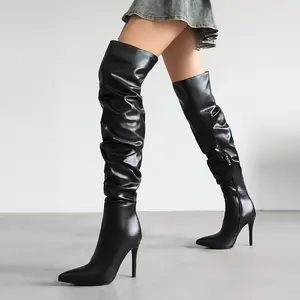 FEINLINA Women's Matte Black Over-The-Knee Stiletto Boots with Side Zipper & Pointed Toe Premium Synthetic Leather Elegant Stiletto Heel Chic Look Footwear boots for girl