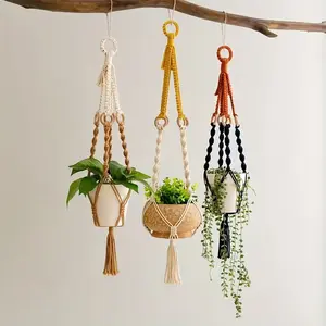 Bohemian Handmade Crochet Hanging Planter Basket, Rustic Macramé Plant Holder, Decorative Flower Design, & Fabric