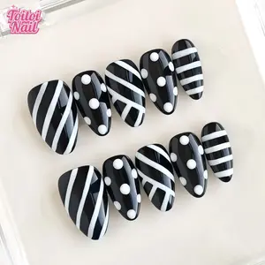10pcs Handmade Press On Nails Acrylic - Short Almond Black & White Nails, Handcrafted Striped & Polka Dot Geometric Pattern Decor Vintage Cool Style, for Daily Wear & Party with Jelly Glue & Nail File