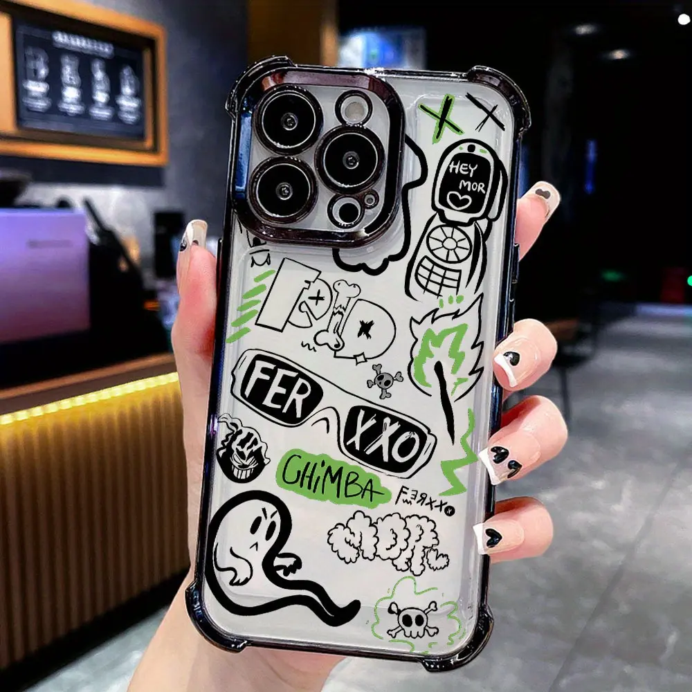 Street Graffiti Art Text FER XXO Pattern Four Corner Anti-Fall Phone Case Transparent Electroplated Protective Cover for IPhone 16 Pro Max 15 Plus 14 13 12 11 E