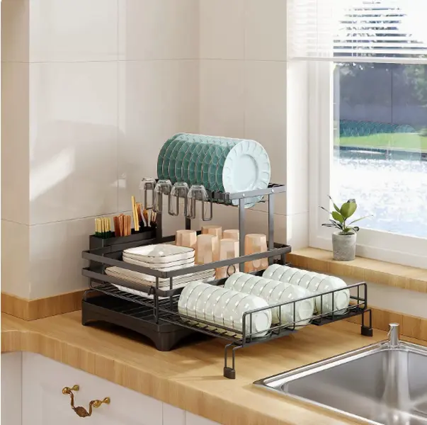 TidyArc 2-Tier Foldable Expandable Dish Drying Rack, Multifunctional Countertop Home Supplies with Pull-Out Design, Anti-Rust Drainer, Drying Mat, Cup & Cutlery Holder