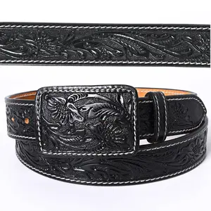 Genuine American Black Hand Tooled Leather Belt - Men or Women Turquoise Western western  belt
