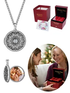 Musei Women's fashion necklace, flower necklace with a compartment to hold small photos, comes with a rose gift box, a jewelry gift for girlfriends, family, and elders