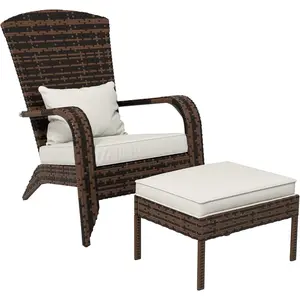 Patio Wicker Adirondack Chair with Ottoman, Outdoor Fire Pit Chair with Cushions, High-Back, Large Seat & Armrests for Deck, Garden & Backyard furniture