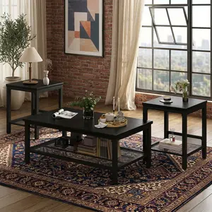 3 Piece Coffee Table Set Industrial Style Square Coffee Table with 2 End Side Tables Sturdy Metal Frame Accent Table Set Modern Home Furniture for Living Room Apartment Home Office Small Space Decor