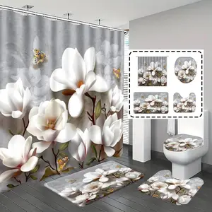 [Popular Choice]1pc/4pcs, bathroom curtains shower, bathroom set, shower curtains, bathroom rug, home decoration, Bathroom Supplies, bath mat, bathroom mat, Magnolia pattern, flower theme decoration, bathroom set, with 12 hooks.