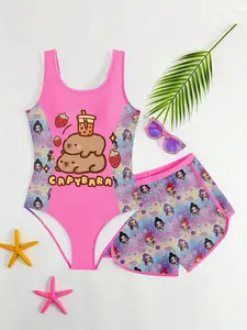 Solid Color Anime Girl Full Print Swimsuit Set, Cute Cartoon Capybara Print, Sleeveless One-Piece and Shorts 2-Piece Swimwear, Soft and Comfortable