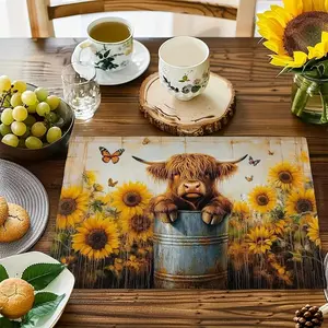 4-piece/6-piece vintage classic Scottish Highland cow and sunflower butterfly patterned linen rectangular placemat, heat-resistant and non slip, washable, suitable for kitchen dining, family gatherings, and party decoration, Home