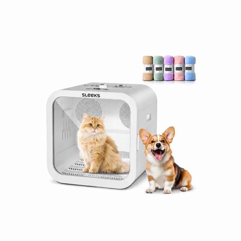 SLEEKS Automatic Pet Hair Dryer Box - 70L Large Grooming Blower for Cats, Quiet 360° All-Around Drying, Smart Temp Control, 5 Modes, 5 Microfiber Towels (White)