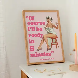 Funny Bathroom Poster, Pink Retro Vintage Wall Art Print, 70s Pin-Up Aesthetic Decor for Bedroom or Teenage Room, Unframed
