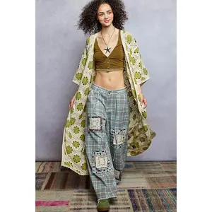 Open Front Olive Floral Crochet Longline Cardigan