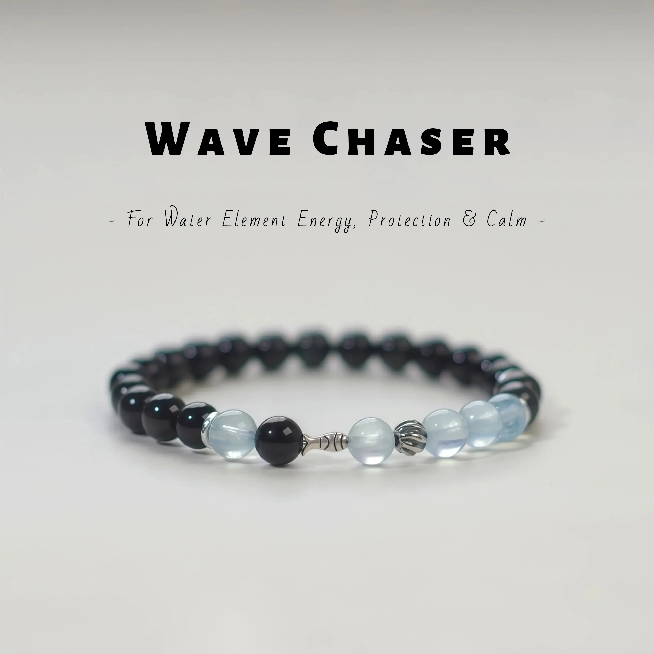 Women's Minimalist Handmade Natural Aquamarine & Obsidian Crystal Bracelet - Silver Fish Charm, Water Element Healing Jewelry, Calm Female Daily Wear Birthday Gift for Friends, Adults, Brand New, Round, Smooth Beads, Multi-Size, Authentic Stones, 14Cm, An