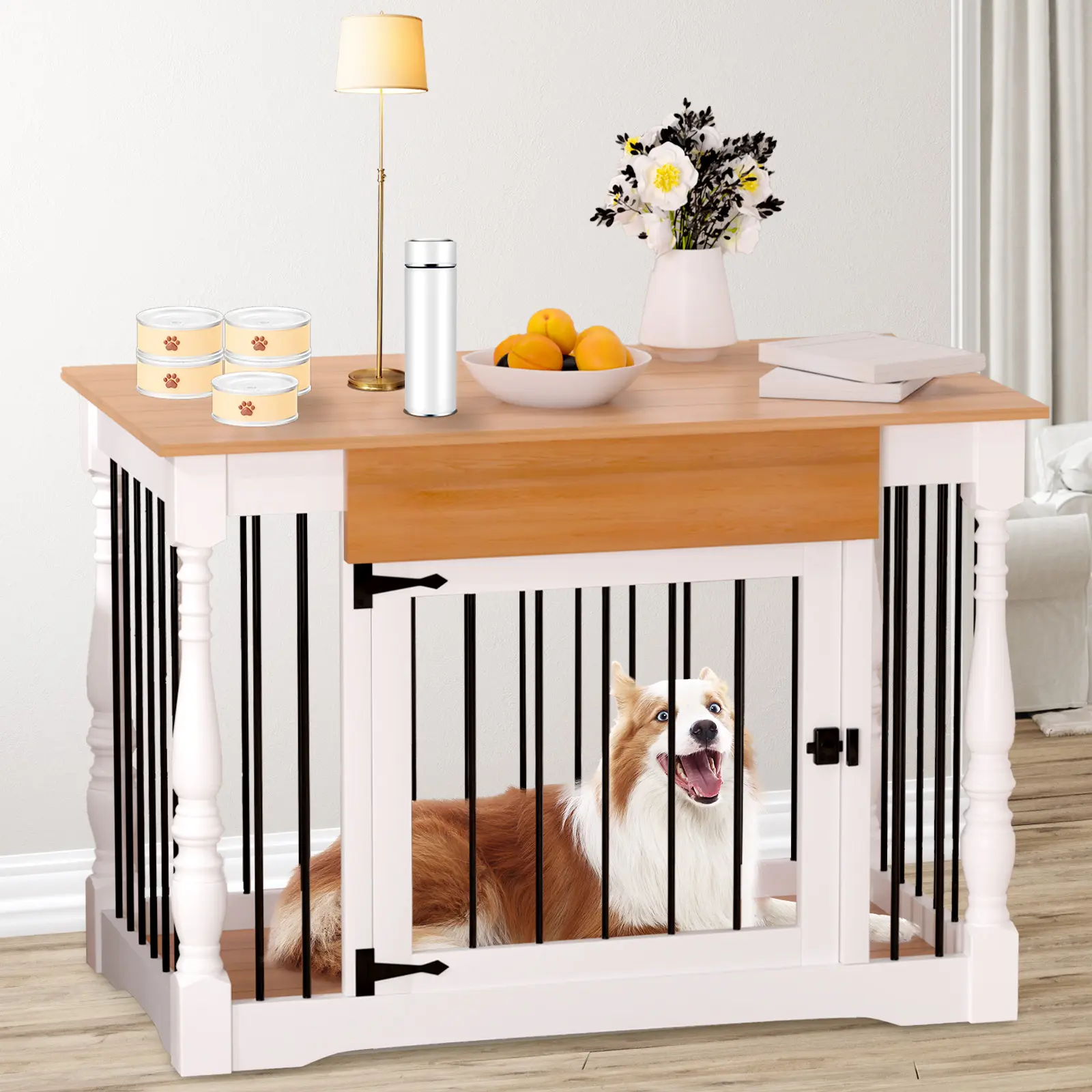 white solid wood dog crate for small and medium dogs - roman column shaped kennel, multi-functional as side table or coffee table, stylish furniture for your home  desk Enclosure