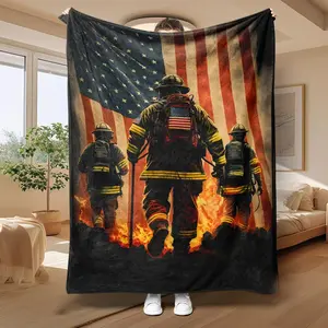 Firefighter Pattern Blanket, American Flag Background Firefighter Pattern Throw, Air-conditioned Room Blanket, Warm Nap Blanket for Home & Office, Napping Throw Blanket