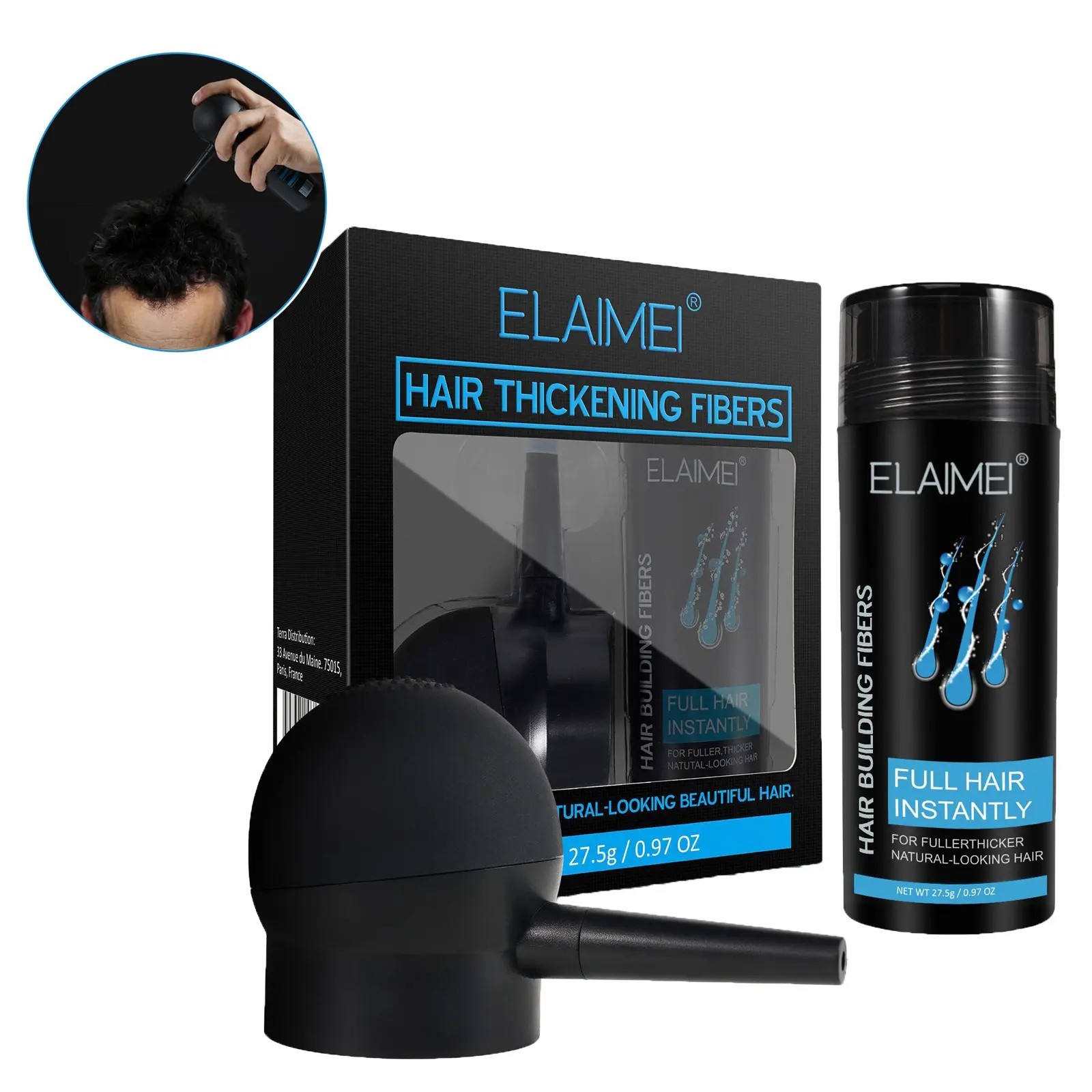 ELAIMEI Hair Fiber Set: Hair Product 27.5g hair fiber volume powder, Hair powder for thinning hair, 1 spray nozzle. Available in four shades: black, dark brown, light brown. Achieve thick, voluminous hair in 1 minute and address thinning hair