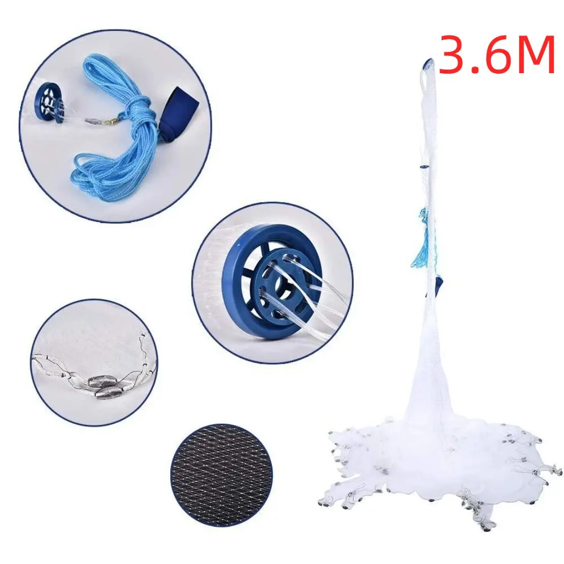 12FT Hand Cast Fishing Cast Net, Easy Throw Strong Nylon Bait Trap Mesh Casting Net Heavy Duty Sinkers