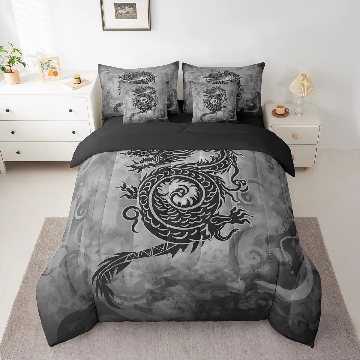 7-Piece Vintage Black Gray Dragon Decorative Theme Bedding Set - All-Seasons Microfiber Comforter, Breathable Soft Blanket, Bedding Sheets, Fade-Resistant Multi-Size Bedding for Kids, Decorative Bedding Set