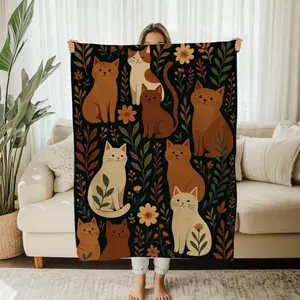 Folk Art Cat Blanket Ultra Soft Flannel Fleece Cozy Warm Earthy Floral Kitty Bedroom Couch Sofa Fall Throw Decor Birthday Christmas Gift for Cat Lovers Women Men Girls Kids Boho Style