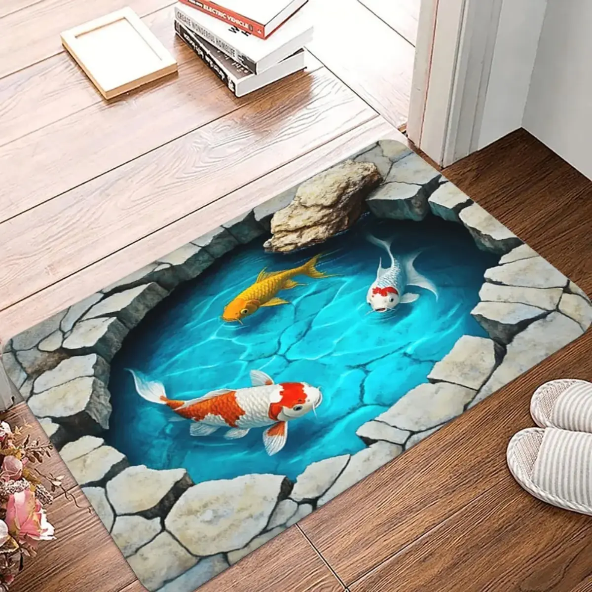 1 Piece 3D Illusion Pond Carp Door Mat Print Design Soft Kitchen Floor Mat Living Room Laundry Room Decoration Carpet Decorative Rug Animal Printed Rug, Boho Printed Rug, Boho Graphic Rug