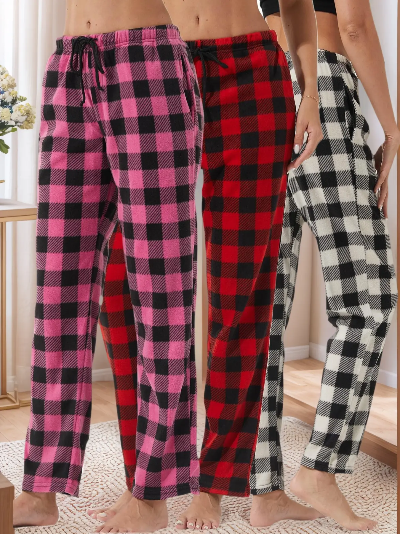 Women's Plaid Print Drawstring Waist Pajama Pants, Casual Comfy Pocket Design Trousers for Fall & Winter, Ladies Sleepwear & Loungewear for Indoor Wear Pyjamas, Plaid Lounge Bottoms