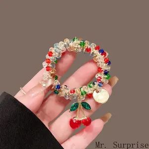 2-in-1 Colorful Crystal Cherry Pendant Hair Tie, Dual Use Bracelet & Ponytail Hair Rope, Cute Elastic Hair Accessories Bestie Gift for Women