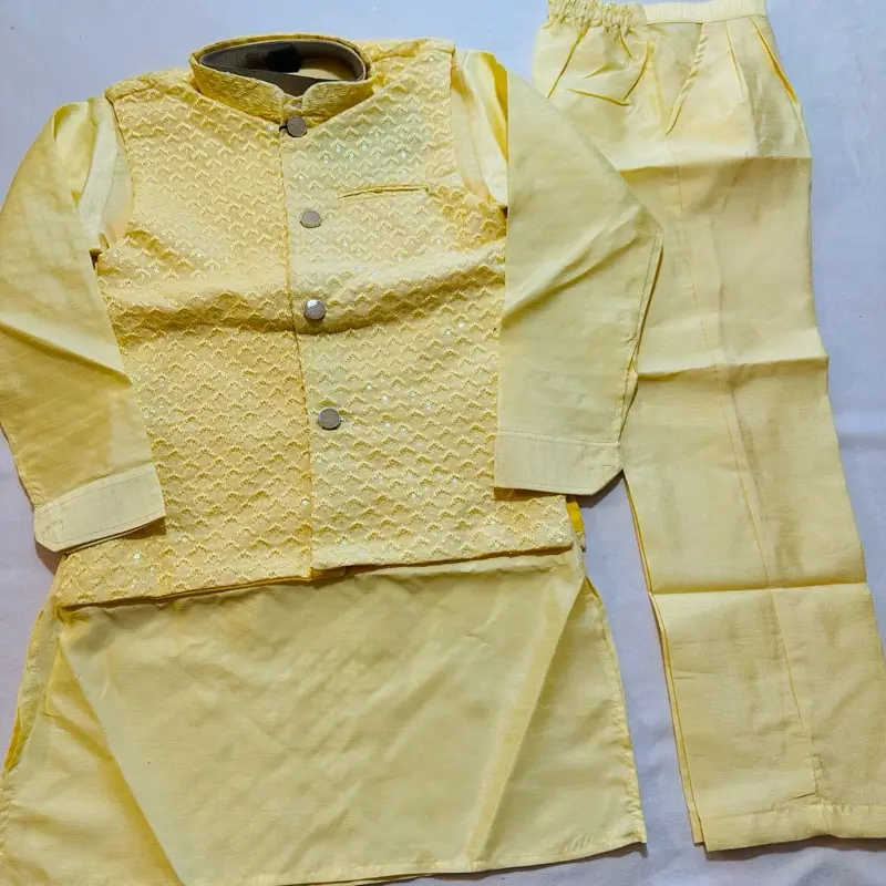 3 Piece Jacket Set in Small Sizes - Yellow Color Clothing Set for ( unspecified ) Casual Kurta