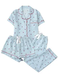 Elegant Women's Short Sleeve Shorts Long Pants Cute Cherry Print Lapel Pajama Set Homewear Loungewear Casual Set 3 Piece