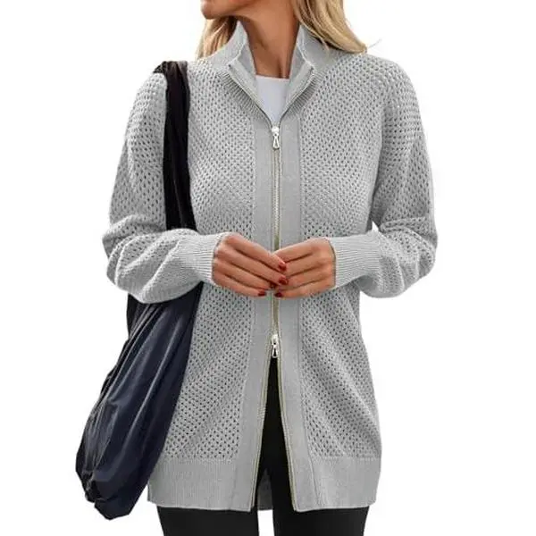 Lannew Women's Turtleneck Zip Up Cardigan Sweaters Oversized Drop Shoulder Long Sleeve Casual Solid Mesh Knit Jumper Tops