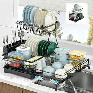 Foldable 2-Tier Dish Rack with Drainboard ,No More Wet Counter ,Space Saving Kitchen Storage Organizer for Dishes, Bowls, Utensils