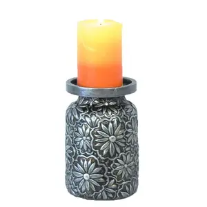 Faux Metal Embossed Flower Pillar Candle Holder