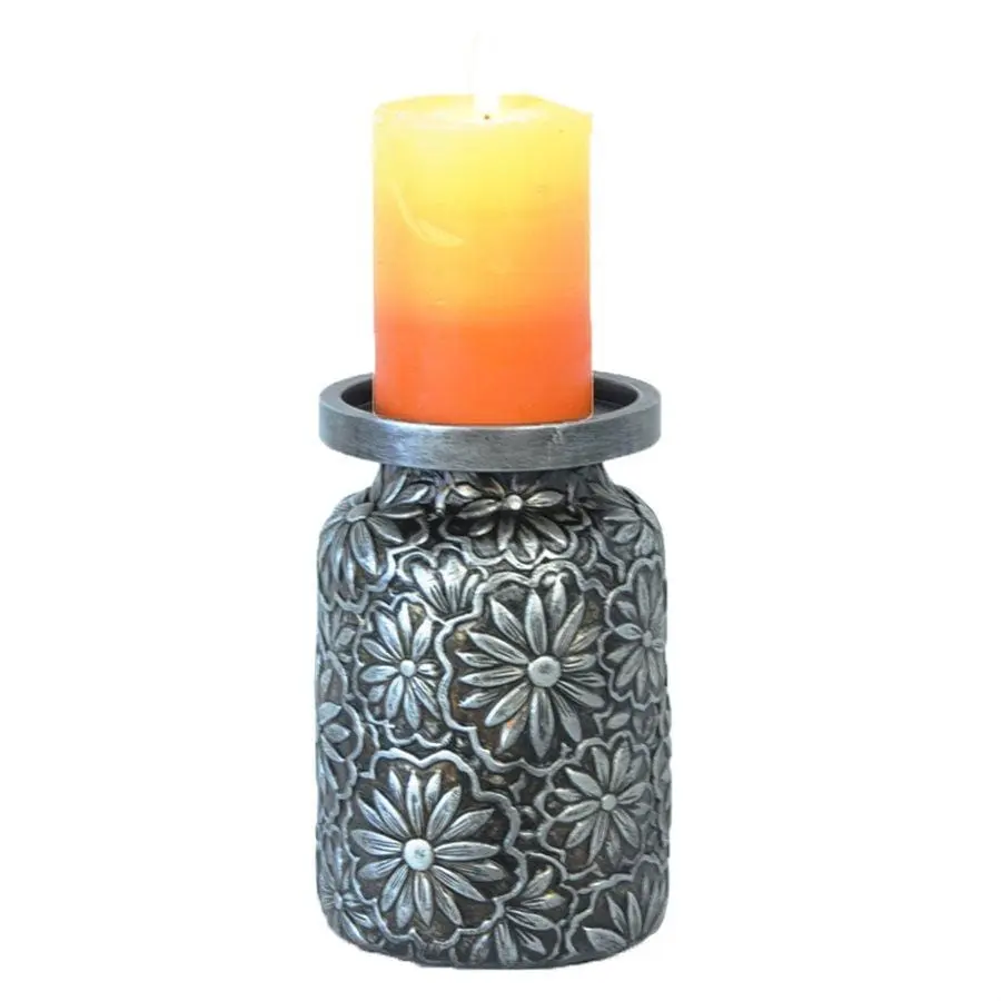 Faux Metal Embossed Flower Pillar Candle Holder