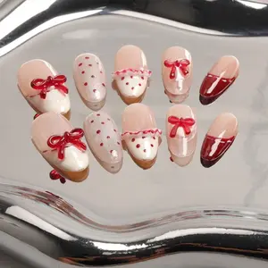 Super cute cat eye bow handmade reusable nails art set of 10 pieces, Glitter Decorative Nails, high-end and cute style，Suitable as a Mother's Day gift or other holiday gifts, Diy Nail Kit