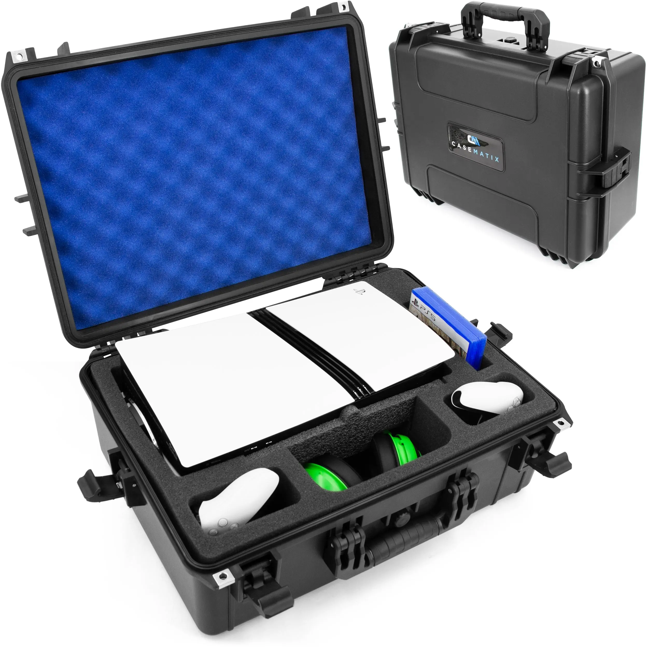 CASEMATIX Travel Case Compatible With PlayStation 5 Pro & PS5 Pro Disc Drive - Hard Shell Waterproof Case with Custom Foam for Console and PS5 Pro Accessories - Plastic