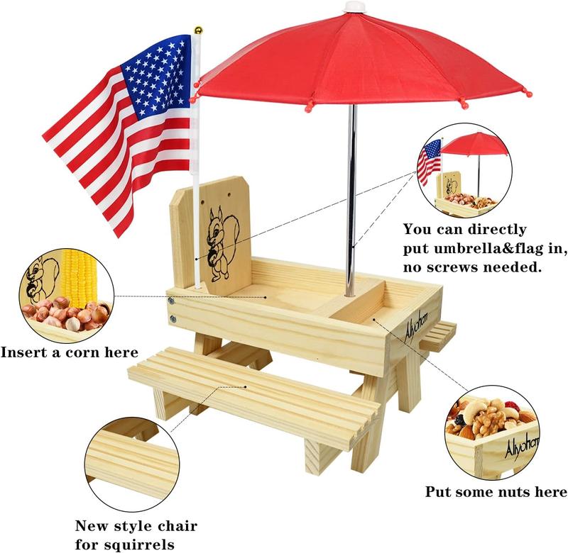 Upgraded Squirrel Feeder for Outside Picnic Table with Umbrella and Flag, Corn Cob Holder & Peanuts Seeds Loader, Gift for Squirrel and Chipmunk Lovers, Garden Ornaments, Squirrel House