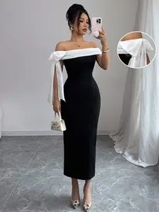 Black Off Shoulder Knotted Slim Maxi Dress - Elegant Long Evening Dress