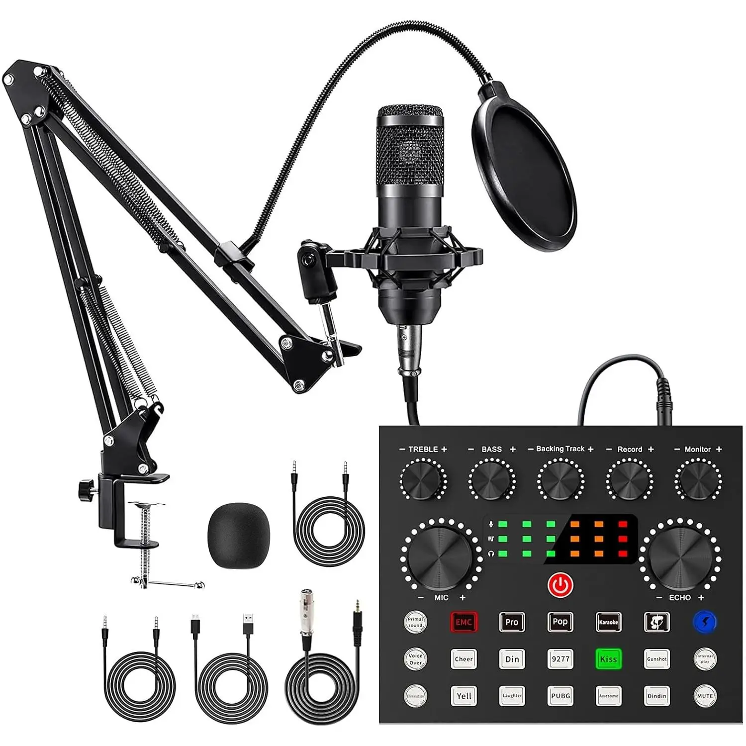 Podcast Equipment Kit, Audio Interface & All-in-One Live Sound Control Device, Sound Card Set, Ideal for Recording, Gaming, Singing, Broadcasting, Liv