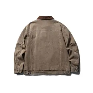 Vintage Washed Letter Embroidered Denim Jacket, Unisex Loose Fit, Workwear Coat Clothes Menswear Tops Gamis Beige Black