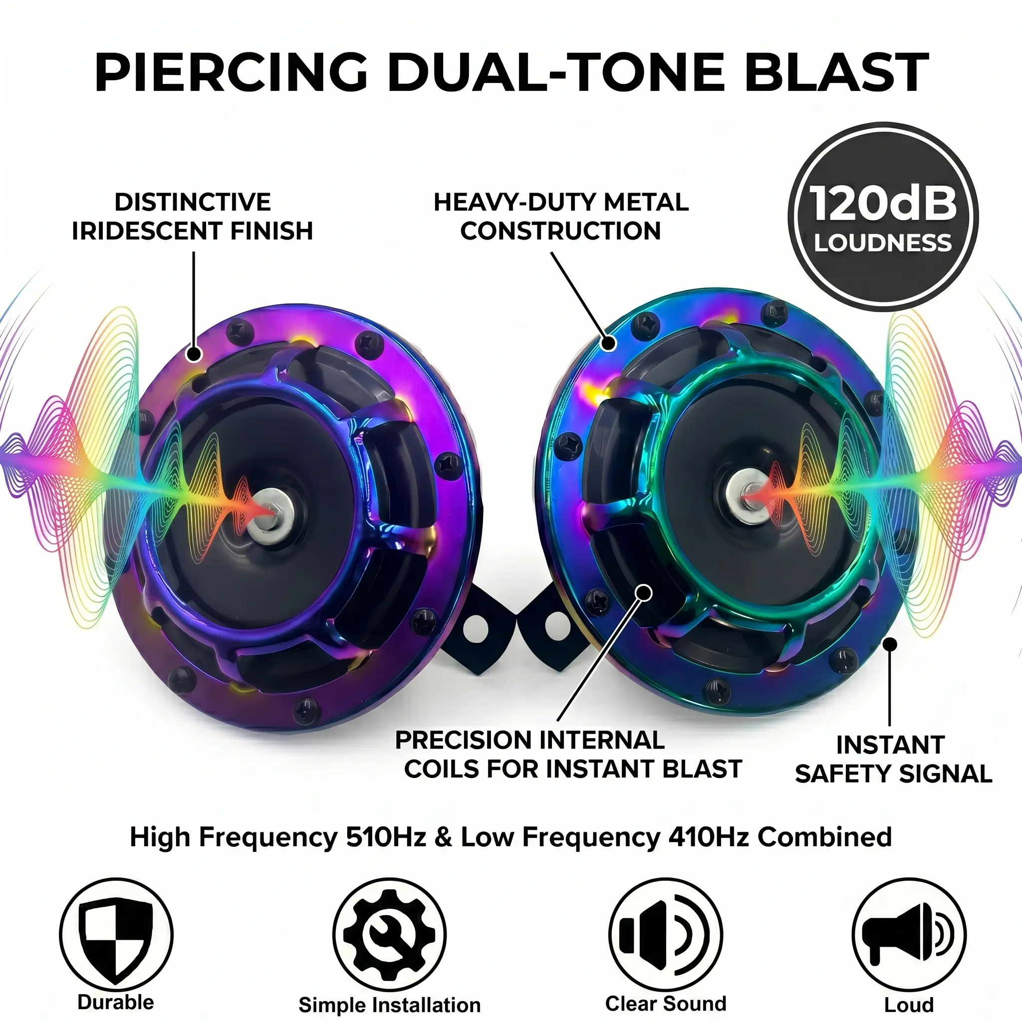 120dB Ultra-Loud 12V Car Horn, Universal Dual-Tone Disc Horns, Premium Neo-Chrome Iridescent Metal, High/Low Frequency 410Hz/510Hz Replacement Warning Horn for Trucks, Motorcycles, SUVs, Off-Road Vehicles, Easy Bolt-On Install