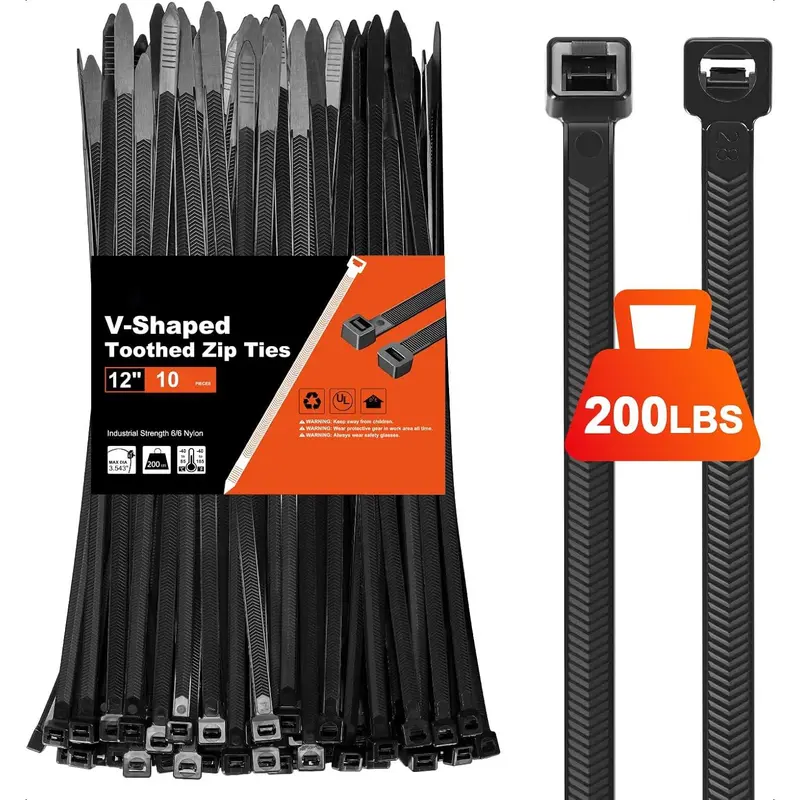 Zip Ties Heavy Duty 12 inch,V-Shaped Toothed Double Sided With 200 LBS Tensile Strength Cable Ties ,Extra Large Wire Ties Adjustable Nylon Tie Wraps for Indoor Outdoor (80 Pack Black)