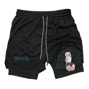 Frieren Beyond Journeys End Fan Art Print 2 in 1 Shorts Sweat Shorts for Men Drawstring Waist Streetwear Style Summer Outfits Men Shorts Gifts for Him
