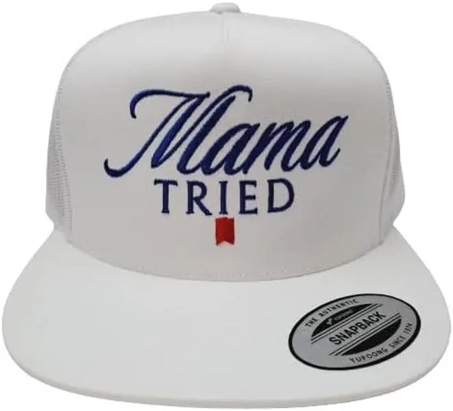 Vintage 2-Tone "Mama Tried" Embroidered Snapback Cap - Red White Unisex Adjustable Streetwear Trucker Baseball Hat
