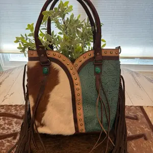 Turquoise Embossed Leather and Cowhide Shoulder Bag with Crossbody Strap