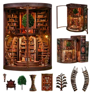 Wisdom Rings Book Nook Kit – 3D Wooden Puzzles for Adults, DIY Miniature Library with LED Lights & Spiral Staircase, Unique Bookshelf Decor, Creative Craft Gift for Book Lovers
