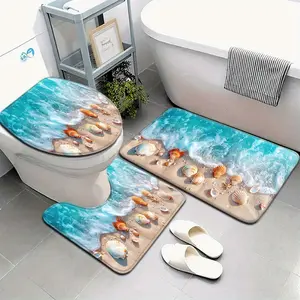 3pcs Beach Orange Small Seashell and Ocean Wave Pattern Bathroom Mat Set Toilet Lid Cover and Rug Bathroom Decor U-Shaped Foot Mat