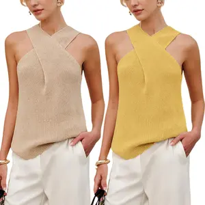 SCUSTY Women Halter Cross Over Collar Tank Knit Sleeveless Top Solid Color Casual Summer Blouse