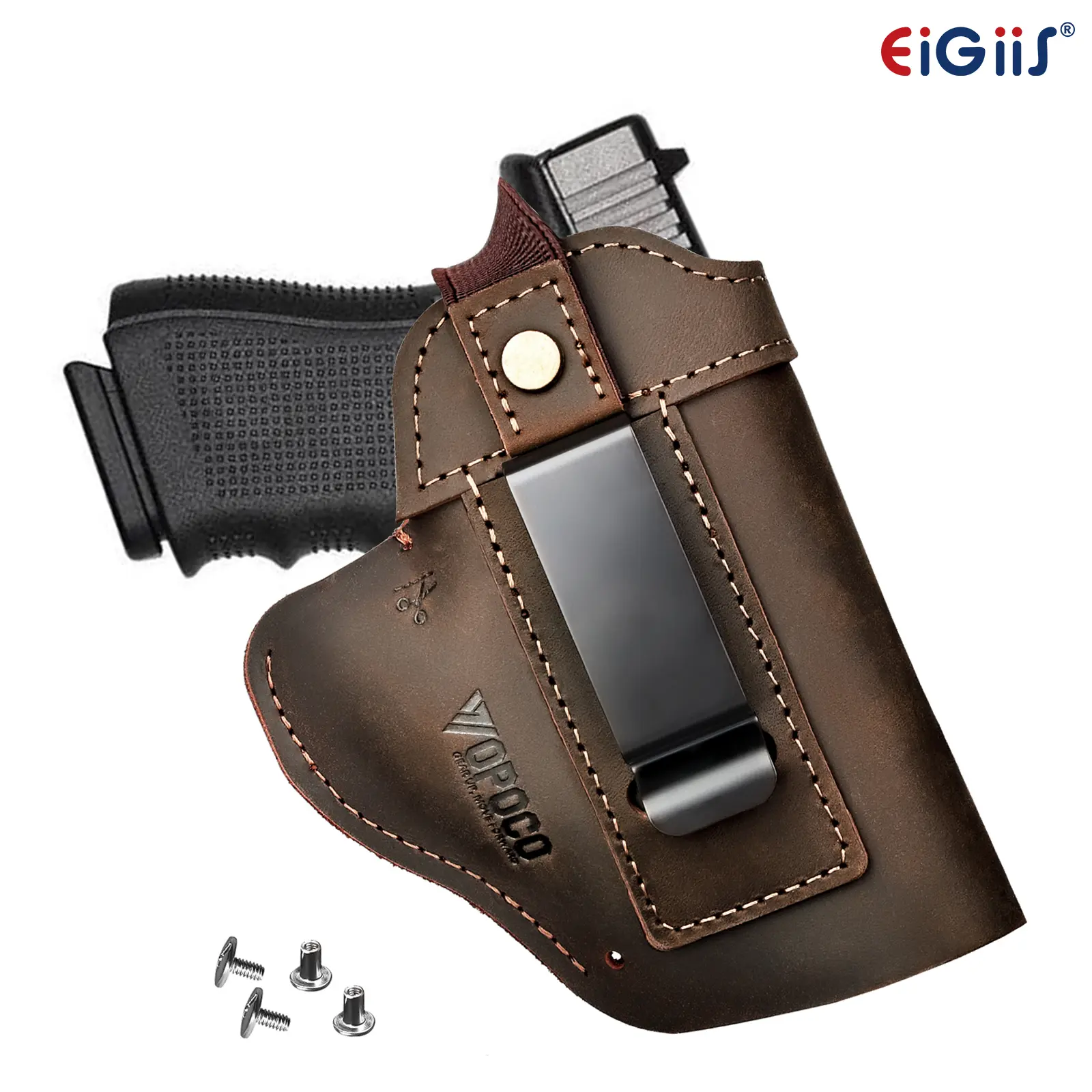 Leather Gun Holster for Men & Women - 4" to 8.5" Adjustable Seam, Comfortable and Durable Universal IWB/OWB Concealed Carry Holster for Hiking/Camping, Fits Glock 17/19/43X, Sig Sauer, Springfield, Ruger, Taurus & Similar Handguns, All-Day Carrying, 100%,