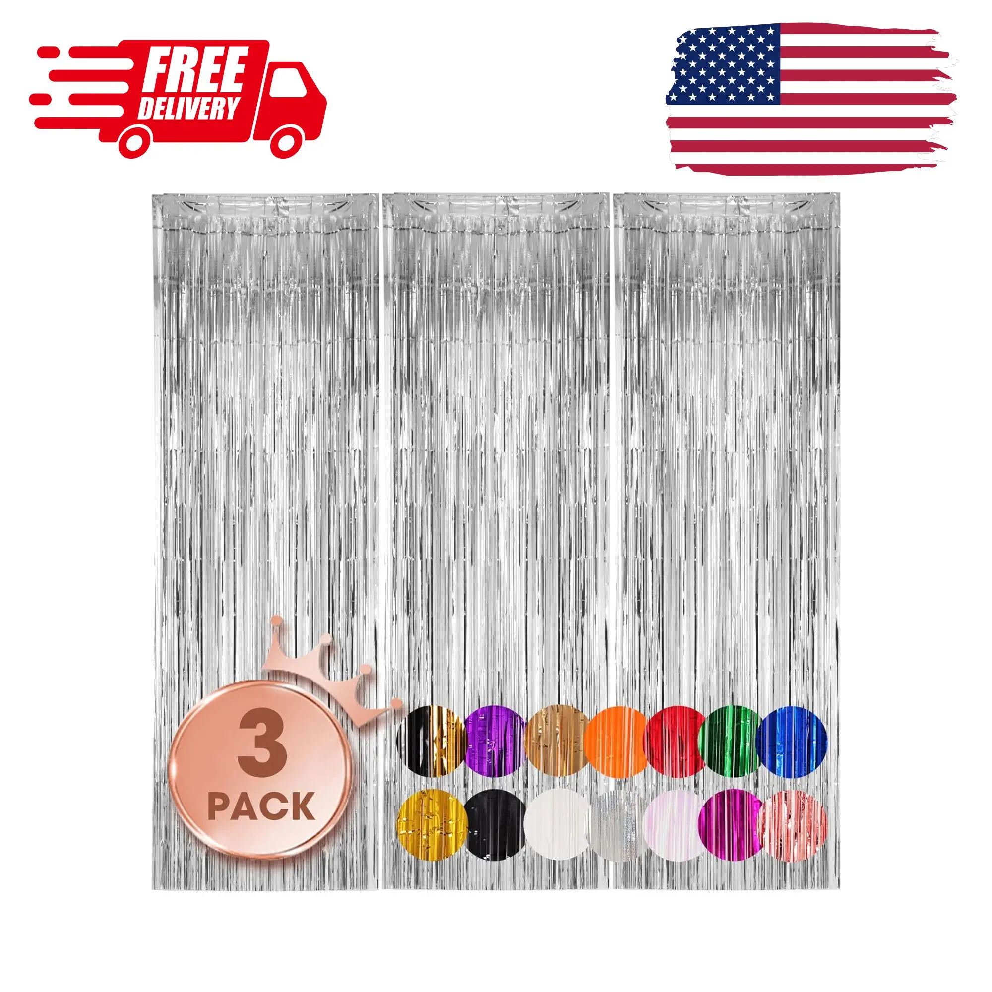 Silver Foil Fringe Backdrop Curtains, 3.3x8.2ft, 3 Pack