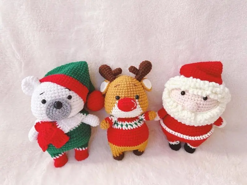 Handmade Crochet Christmas Plush Gift, Santa Rudolph Polar Bear, Stuffed Animal Amigurumi  Christmas Gift, Noel Stocking